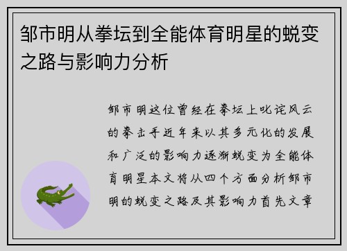 邹市明从拳坛到全能体育明星的蜕变之路与影响力分析